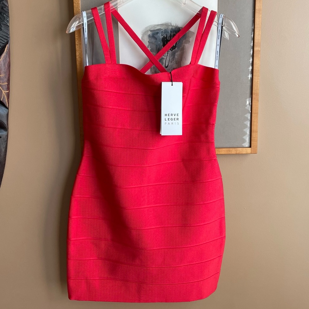 NWT HERVE LEGER 750$ short Coral Poppy red bandage strappy dress in size M